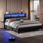 Brisna Platform Bed Frame with LED Upholstered Storage Headboard Charge Station and Foldable Bedside Shelves - Chic Decora