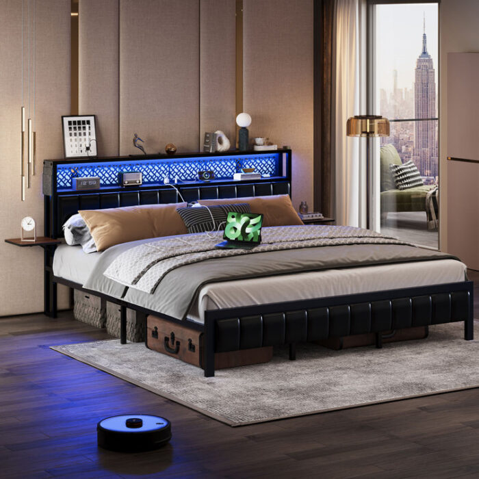 Brisna Platform Bed Frame with LED Upholstered Storage Headboard Charge Station and Foldable Bedside Shelves - Chic Decora