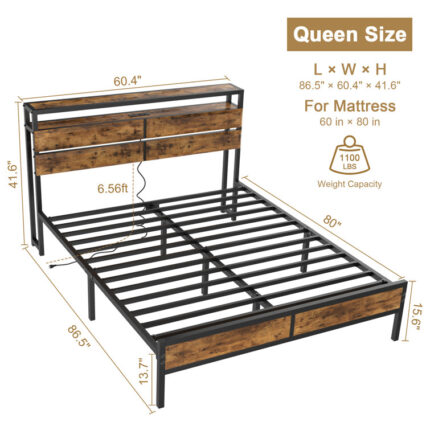 Brissac Heavy Duty Bed Frame with Charging Station, 13 Metal Slats, 9 Support Legs, Easy Assembly - Chic Decora