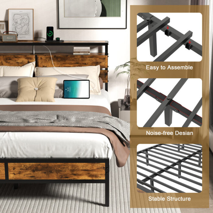 Brissac Heavy Duty Bed Frame with Charging Station, 13 Metal Slats, 9 Support Legs, Easy Assembly - Chic Decora