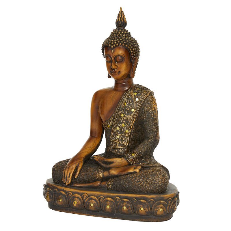 Brown Polystone Meditating Buddha Sculpture with Engraved Carvings and Relief Detailing - Chic Decora