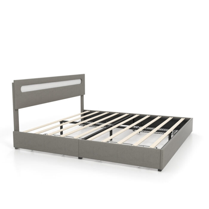 Camrynn Vegan Leather Upholstered Metal Slat Bed with LED Light, USB Port and 4 Drawers - Chic Decora