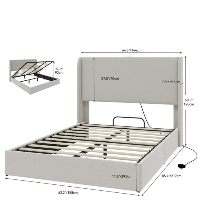 Candis Hydraulic Lift Storage Upholstered Platform Bed with USB Plug-In - Chic Decora