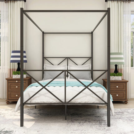 Canopy Bed, Platform Bed, Bed Frame with X Shaped Frame - Chic Decora