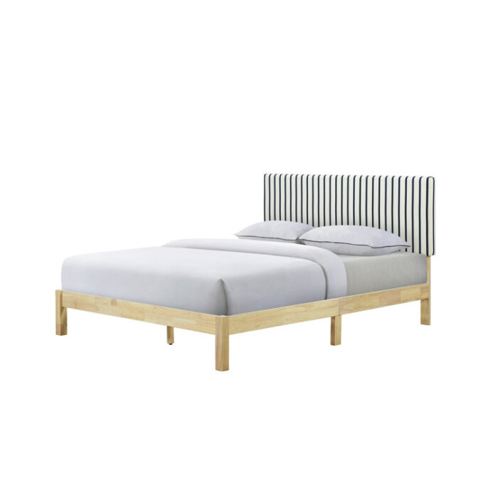 Cariya Upholstered White and Navy Stripe Coastal Solid Wood Bed - Chic Decora