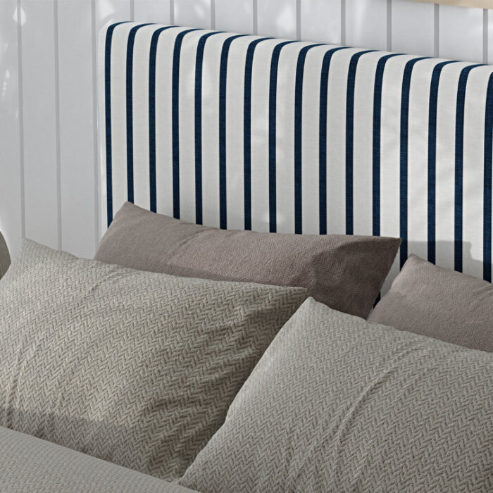 Cariya Upholstered White and Navy Stripe Coastal Solid Wood Bed - Chic Decora