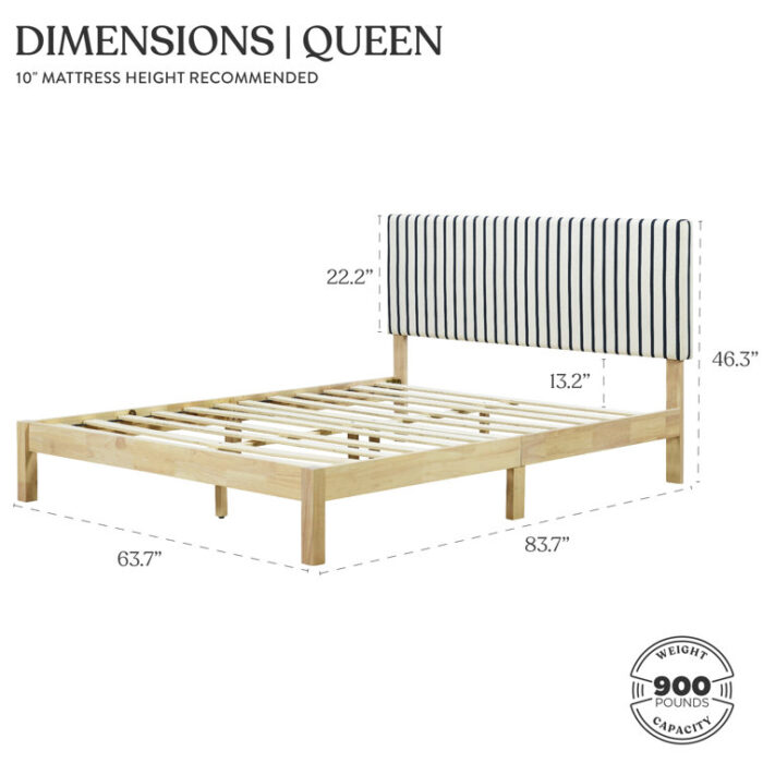 Cariya Upholstered White and Navy Stripe Coastal Solid Wood Bed - Chic Decora