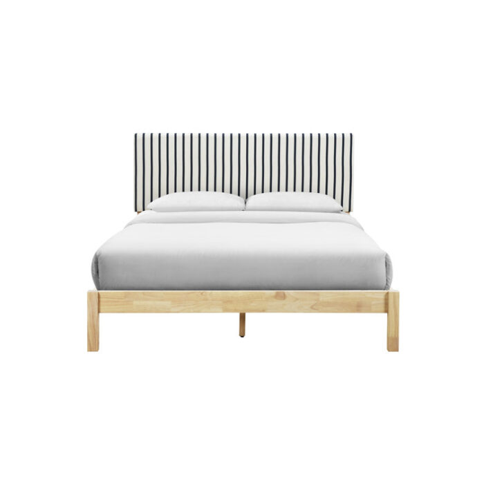 Cariya Upholstered White and Navy Stripe Coastal Solid Wood Bed - Chic Decora