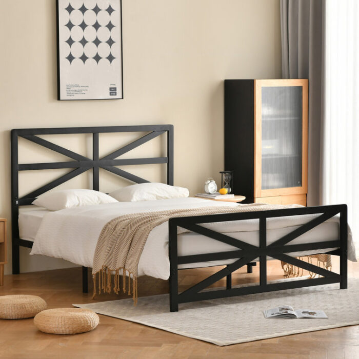 Cedrial Thickened steel metal platform bed frame with vintage style headboard and footboard - Chic Decora