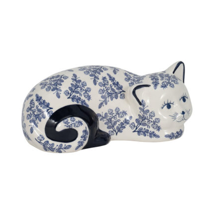 Ceramic Cat Sculpture Contemporary Vintage Style Chinoiserie Blue and White Floral Cat Statue - Chic Decora