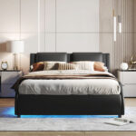 Chestervyn Upholstered Bed, Bed Frame with Slatted, Platform Bed with LED Light - Chic Decora