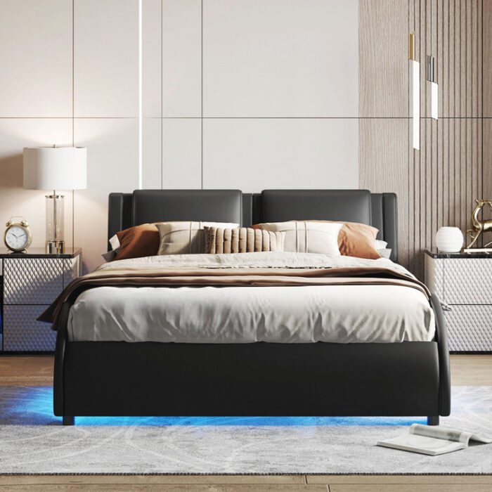 Chestervyn Upholstered Bed, Bed Frame with Slatted, Platform Bed with LED Light - Chic Decora