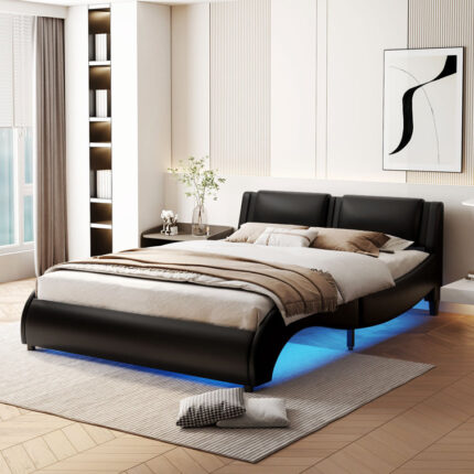 Chestervyn Upholstered Bed, Bed Frame with Slatted, Platform Bed with LED Light - Chic Decora