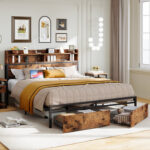 Cleisthenes Storage Bed Frame with Bookcase Headboard and Drawer - Chic Decora