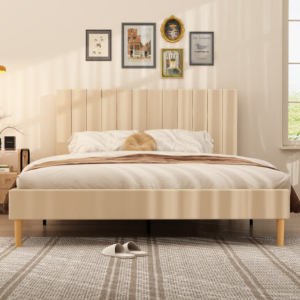 Contrena Wood Queen Bed Frame with Upholstered Headboard - Chic Decora