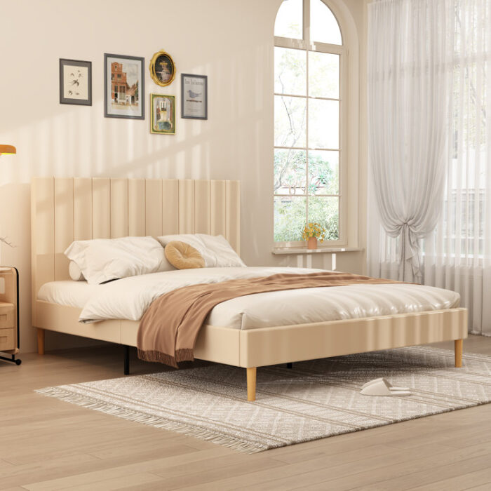 Contrena Wood Queen Bed Frame with Upholstered Headboard - Chic Decora