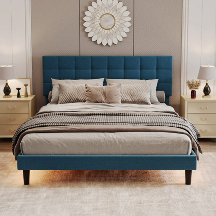 CornelUpholstered Platform Bed Linen Bed Frame with Lights Square Stitched Adjustable Headboard - Chic Decora