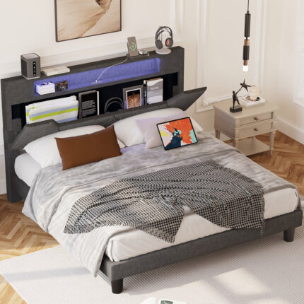 Couvertt LED Lights Upholstered Bed with Storage Headboard and Charging Station - Chic Decora