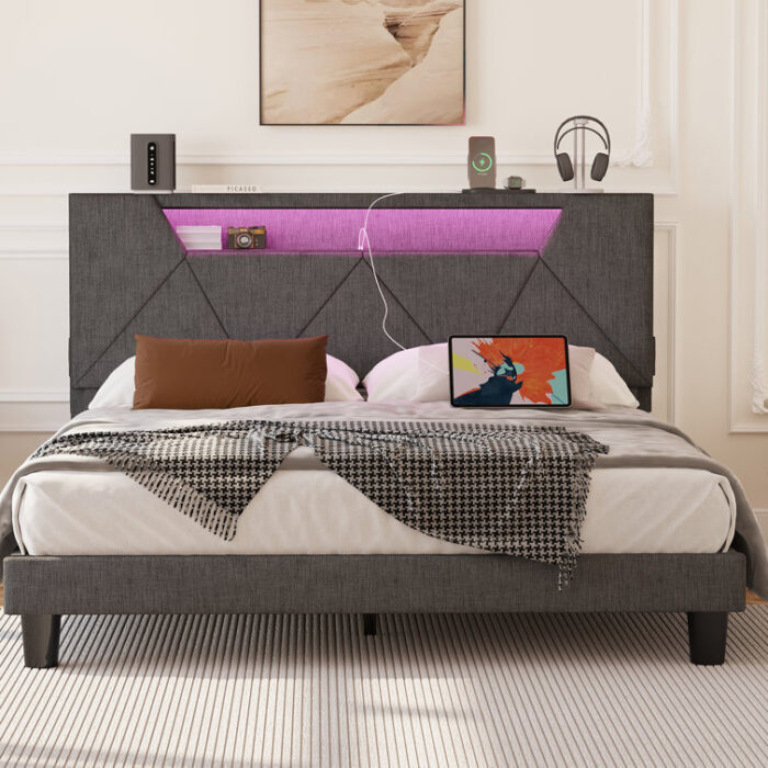 Couvertt LED Lights Upholstered Bed with Storage Headboard and Charging Station - Chic Decora