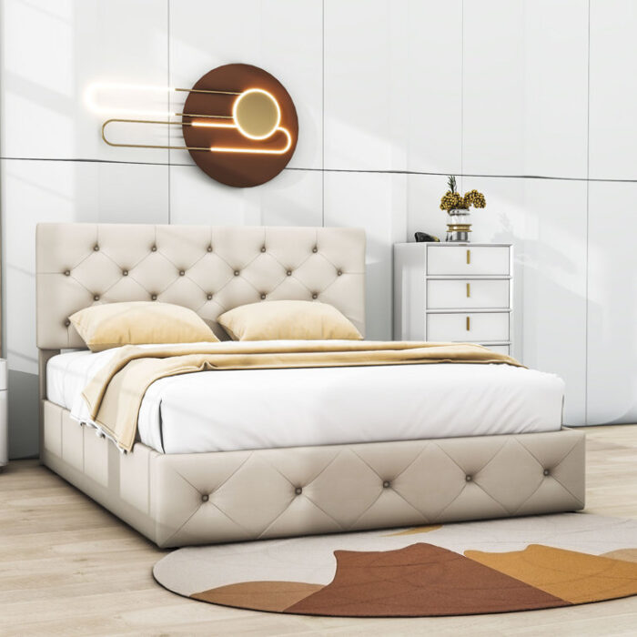 Cowana Upholstered Platform Bed with a Hydraulic Storage System - Chic Decora