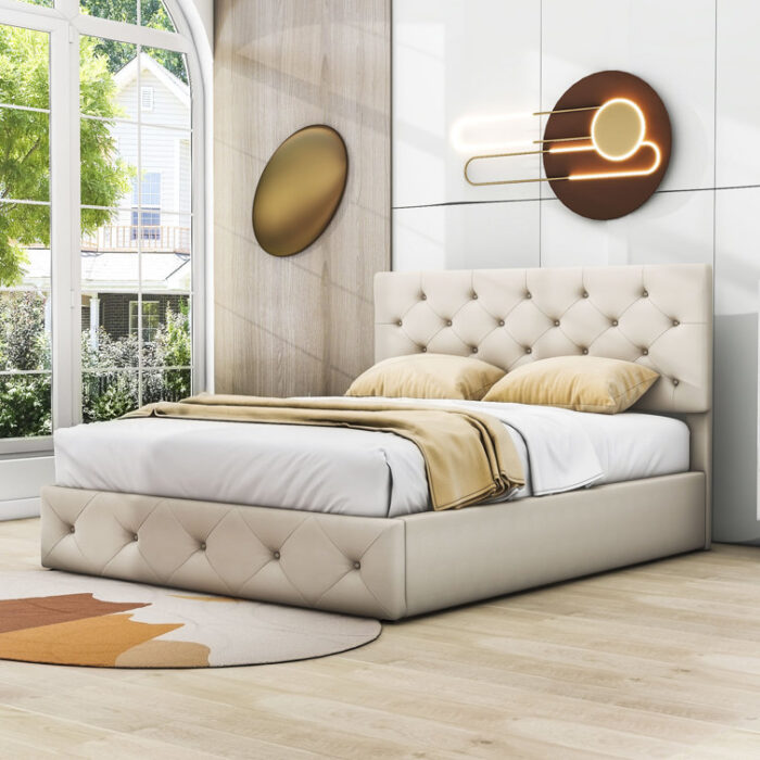 Cowana Upholstered Platform Bed with a Hydraulic Storage System - Chic Decora