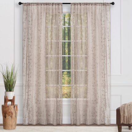 Georgia Floral Sheer Rod Pocket Curtain Panel Pair Ivory (Set of 2) - Chic Decora