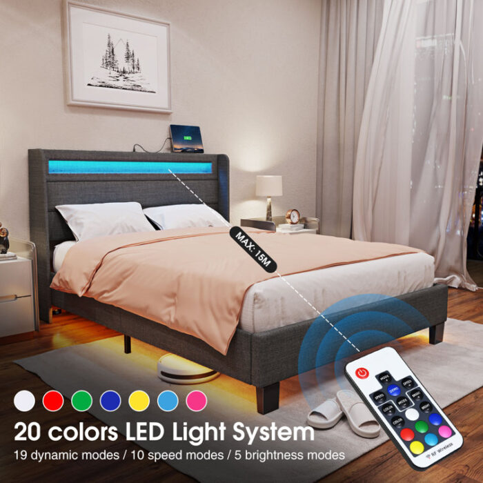 Dimtry Upholstered Bed with Headboard, LED Lights and USB Power Strips - Chic Decora