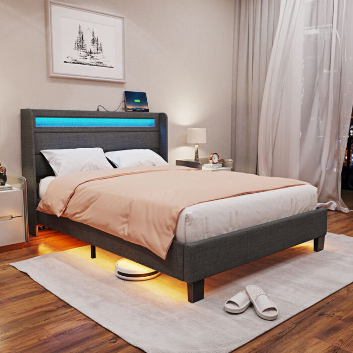 Dimtry Upholstered Bed with Headboard, LED Lights and USB Power Strips - Chic Decora