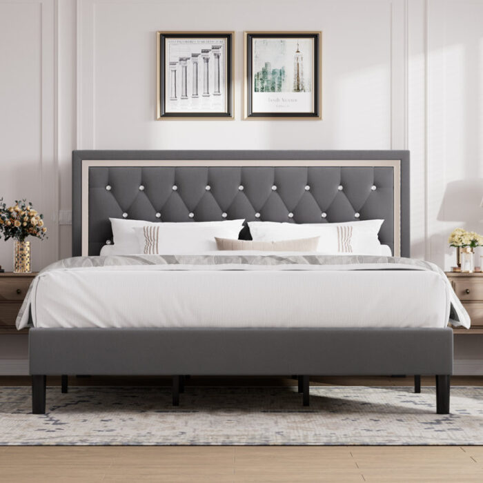 Duclair Tufted Low Profile Velvet Platform Bed with Adjustable Headboard, Wood Bed Frame - Chic Decora