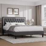 Duclair Tufted Low Profile Velvet Platform Bed with Adjustable Headboard, Wood Bed Frame - Chic Decora