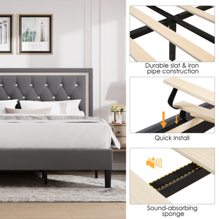 Duclair Tufted Low Profile Velvet Platform Bed with Adjustable Headboard, Wood Bed Frame - Chic Decora