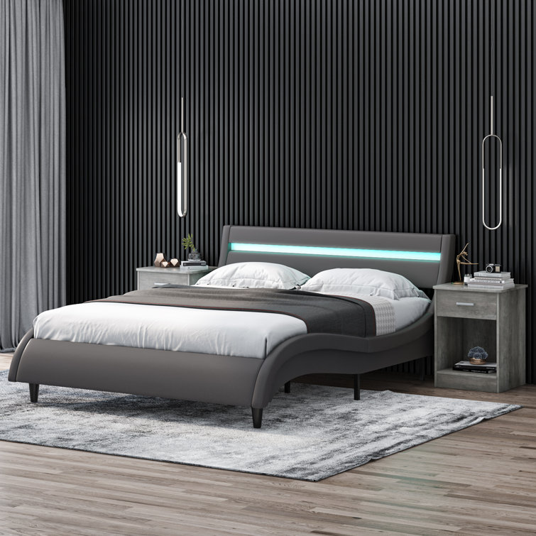 ã€On Saleã€‘PU Upholstered Low Profile Platform Bed with LED Light - Chic Decora