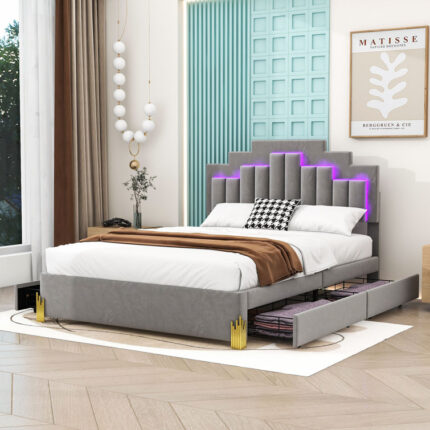 Enriko 4 Drawers Upholstered Platform Bed with LED Lights - Chic Decora