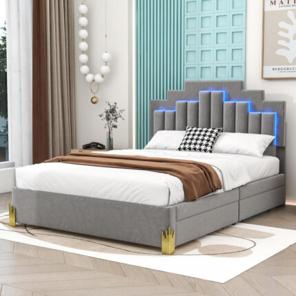 Aabia Upholstered Bed Frame with 2 Storage Drawers, Storage Headboard with Charging Station - Chic Decora