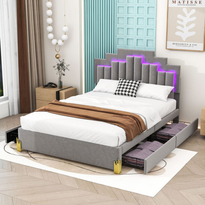 Enriko 4 Drawers Upholstered Platform Bed with LED Lights - Chic Decora