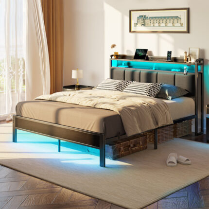 Etsuyo Upholstered Storage Bed withHeadboard, LED Lights and Charging Station - Chic Decora