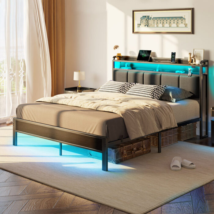 Etsuyo Upholstered Storage Bed withHeadboard, LED Lights and Charging Station - Chic Decora