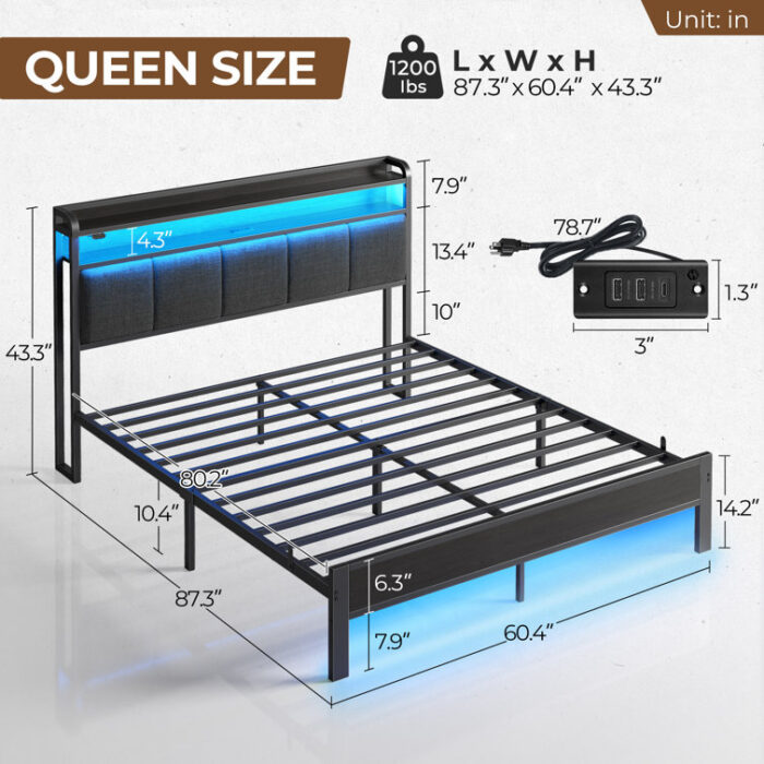 Etsuyo Upholstered Storage Bed withHeadboard, LED Lights and Charging Station - Chic Decora