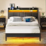 Bed with Bookcase Storage Headboard, Upholstered Bed with Power Outlets &RGB LED Lights - Chic Decora