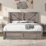 Farmhouse Bed Frame with 49.2″ Barn Door Headboard - Chic Decora