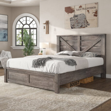 Farmhouse Bed Frame with 49.2″ Barn Door Headboard - Chic Decora