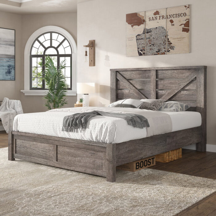 Farmhouse Bed Frame with 49.2″ Barn Door Headboard - Chic Decora