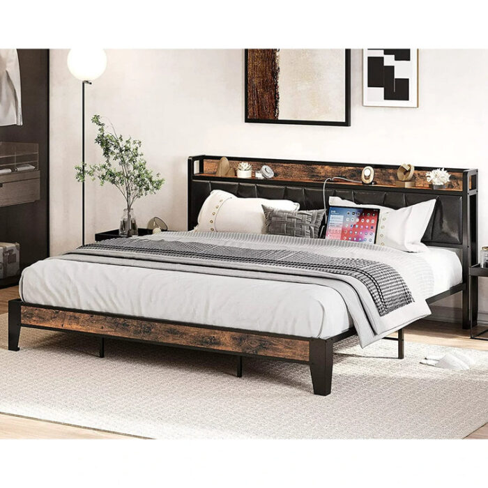 Fateemah Vegan Leather Metal Bookcase Storage Bed - Chic Decora