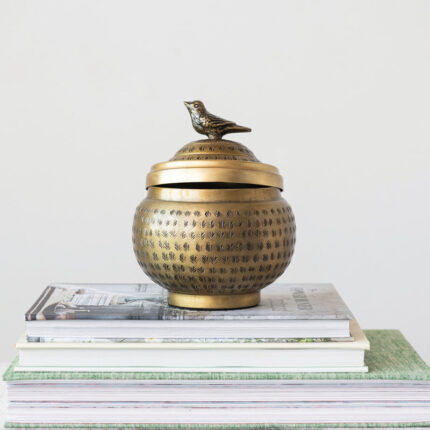 Feliberto Round Hammered Metal Container with Bird Finial - Chic Decora