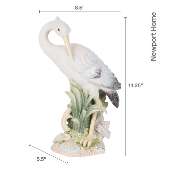 Fitz and Floyd Newport Home Coastal Ceramic Egret Facing Backward Figurine, 14.25 inches White - Chic Decora