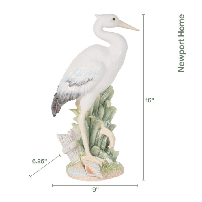 Fitz and Floyd Newport Home Coastal Ceramic Egret Facing Forward Figurine, 16 inches, White - Chic Decora