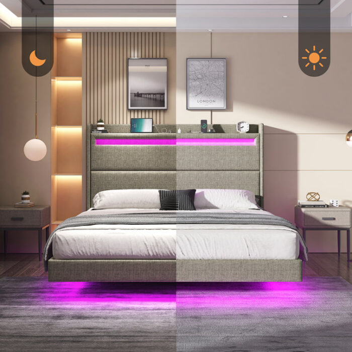 Floating Bed Frame with LED Lights, Upholstered Platform Bed - Chic Decora