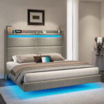 Floating Bed Frame with LED Lights, Upholstered Platform Bed - Chic Decora