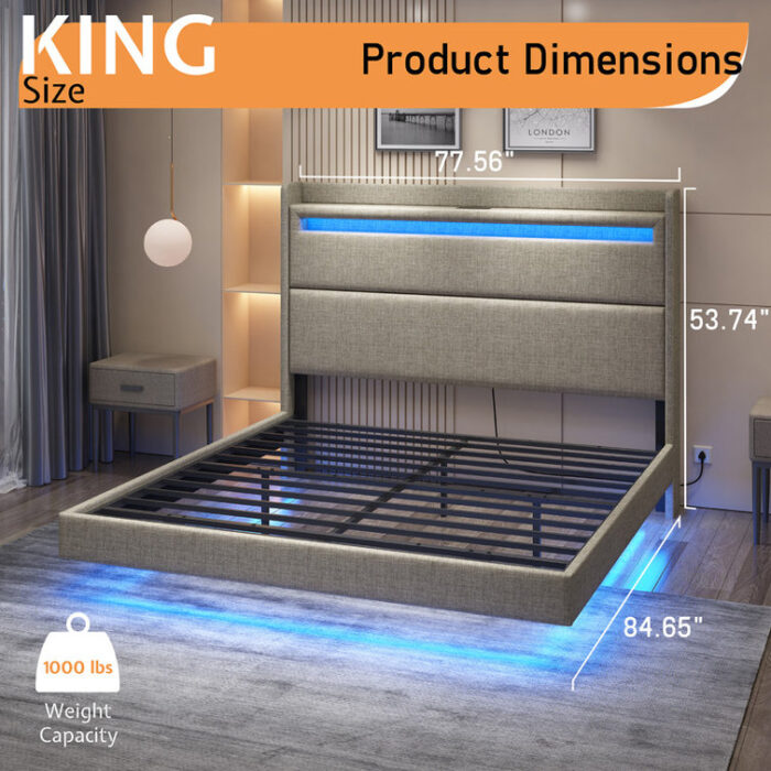 Floating Bed Frame with LED Lights, Upholstered Platform Bed - Chic Decora