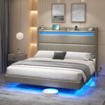 Floating Bed Frame with LED Lights, Upholstered Platform Bed - Chic Decora